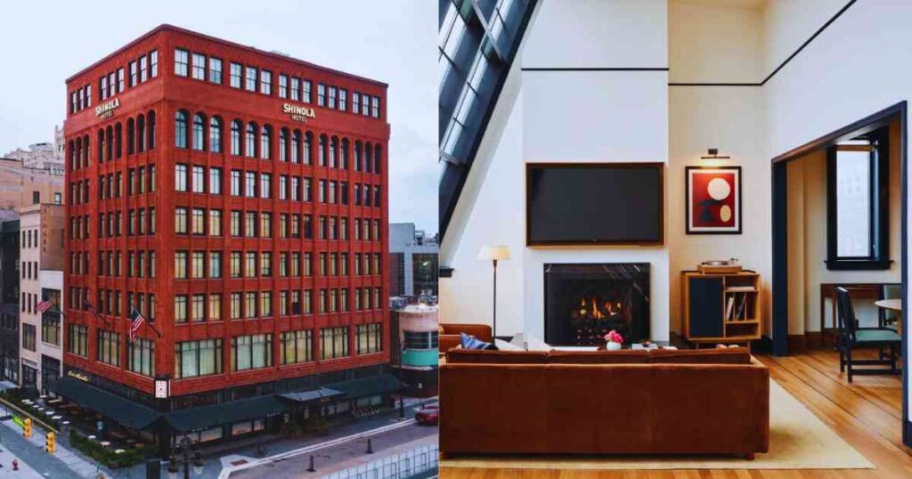 Luxury Romantic Hotels in Detroit for Couples Getaway. Romantic room with a fireplace in Shinola Hotel, Detroit, MI